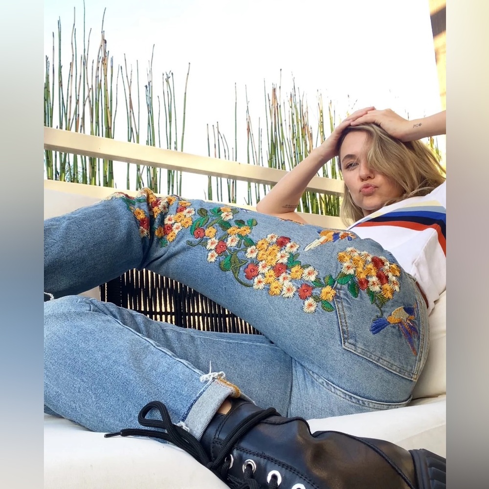 Free People Floral Embroidered Blue Jeans